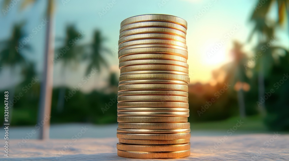 Poster close-up of a neatly stacked pile of coins representing wealth accumulation and financial investment