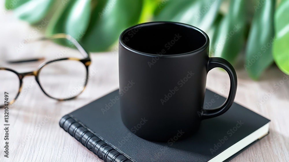 Poster Black coffee mug resting on a notebook surrounded by writing instruments and a cozy workspace for inspiration