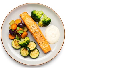 Healthy Meal Plate with Salmon, Vegetables, and Sauce on Plain White Background, HD Minimal Style