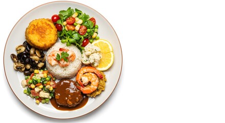 Seafood and Vegetable Plate with Rice and Various Components on Plain White Background, HD Minimal Style