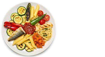 Healthy Meal Plate with Grilled Vegetables, Pasta, Fish, and Tomato Sauce on Plain White Background, HD Minimal Style