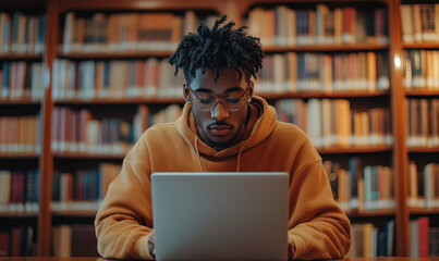 Young man student study in the school library. He using laptop and learning online