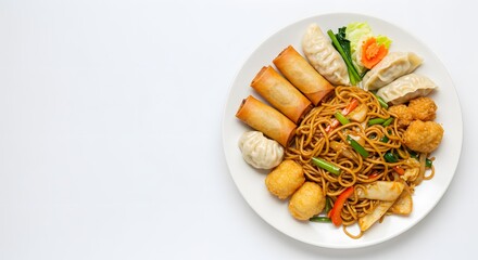 Asian Food Plate with Noodles, Dumplings, and Spring Rolls on Plain White Background, HD Minimal Style