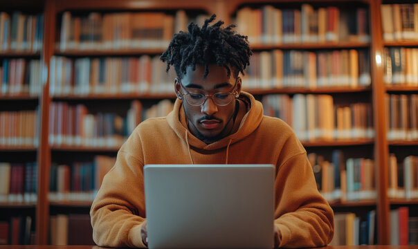Young man student study in the school library. He using laptop and learning online