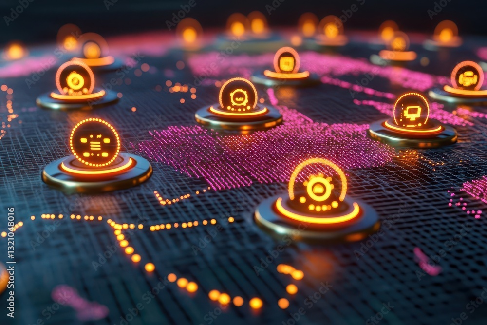Poster Close-up of a circuit board featuring glowing lights and intricate patterns highlighting modern technology
