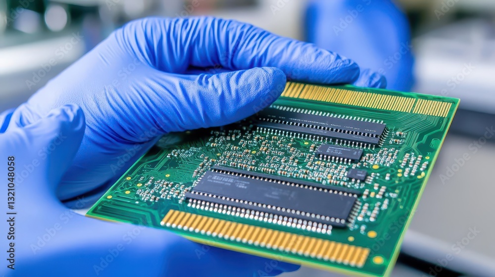 Poster Gloved hand holding a computer chip demonstrating advanced technology and innovation in electronics manufacturing