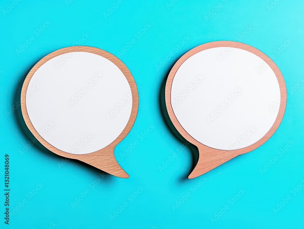 Poster two wooden speech bubbles representing communication and dialogue in a creative and artistic style