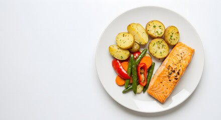 Healthy Meal Plate with Salmon, Potatoes, and Vegetables on Plain White Background, HD Minimal Style