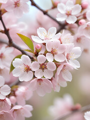 Obraz premium High-resolution close-up of cherry blossoms in full bloom with a diagonal branch, delicate pink petals, blurred bokeh background in pastel colors, serene spring beauty,