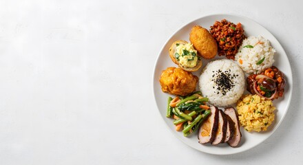 Asian Food Plate with Rice, Meat, Vegetables, and Dumplings on Plain White Background, HD Minimal Style