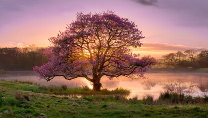 Fototapeta premium serene spring landscape with a blooming tree and a reflection on a lake