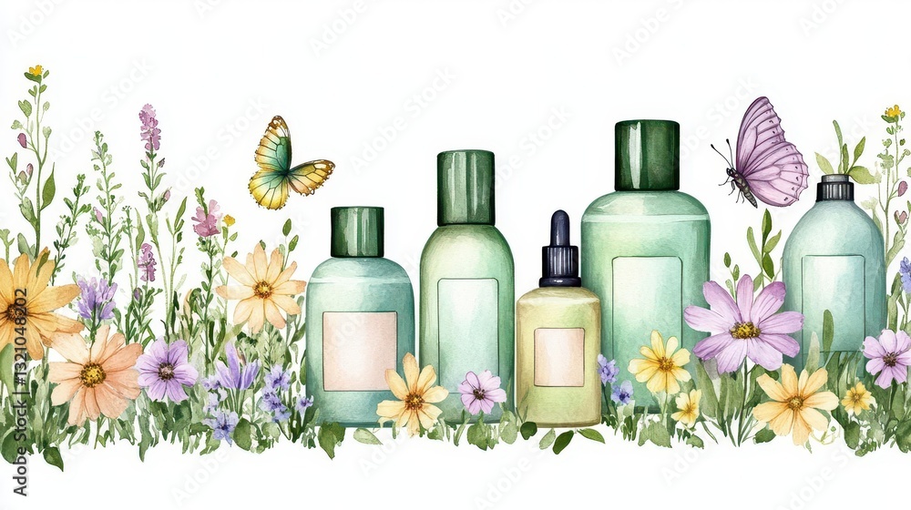 Aufkleber Elegant arrangement of fresh flowers and elegant bottles of perfume on a soft surface creating an aesthetic display