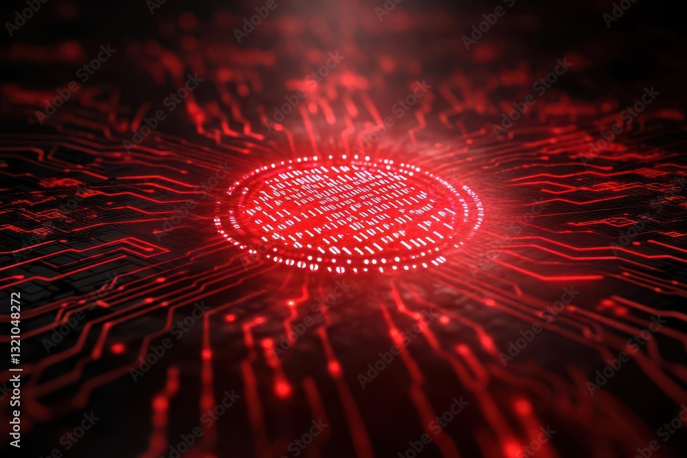 Poster Complex circuit board featuring a bright red light emanating from the center creating a high-tech atmosphere
