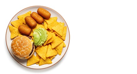 Fast Food Combo Plate with Hamburger, Cheese Sticks, Nacho Chips, and Guacamole on Plain White Background, HD Minimal Style