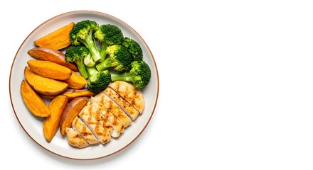 Top Down View of Sliced Chicken Breast with Broccoli and Sweet Potatoes on White Background, HD Minimal Food Photography