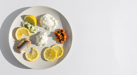 Top Down View of Grilled Fish with Lemon and Vegetables on White Background, HD Minimal Food Photography
