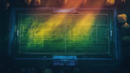 Aerial View of Soccer Field with Stadium Lights and Surrounding Trees