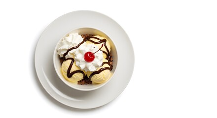 Top Down View of Delicious Ice Cream Sundae with Whipped Cream and Cherry on White Background, HD Minimal Food Photography
