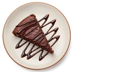 Top Down View of Rich Chocolate Cake Slice with Chocolate Drizzle on White Background, HD Minimal Food Photography