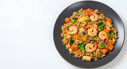 Top Down View of Shrimp Fried Rice with Vegetables on White Background, HD Minimal Food Photography