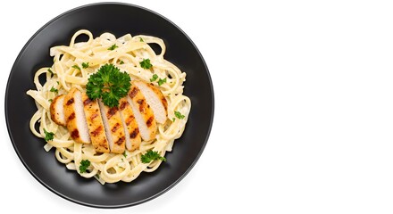 Top Down View of Creamy Chicken Alfredo Pasta on Black Background, HD Minimal Food Photography