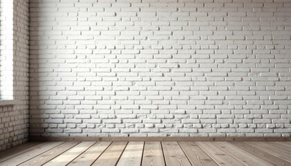 Fototapeta premium Whitewashed brick wall, aged wood floorboards; loft setting , industrial, material