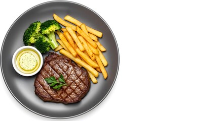 Top Down View of Grilled Steak with French Fries and Broccoli on White Background, HD Minimal Food Photography