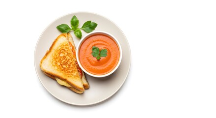 Top Down View of Classic Grilled Cheese Sandwich and Tomato Soup on White Background, HD Minimal Food Photography