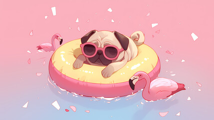 Playful pug lounging on a pink float in a pastel pool surrounded by flamingos and confetti