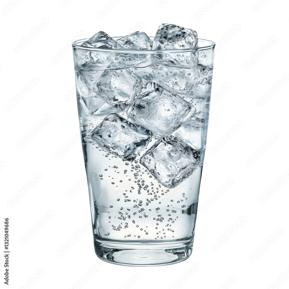 Poster refreshing glass of water filled with ice cubes and bubbles, perfect for hydration. ideal for summer