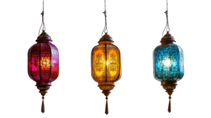 Ramdan hanging lanterns with thread isolated on white background