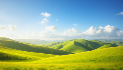 Fototapeta premium A majestic landscape showcasing rolling green hills under a vibrant blue sky with scattered white clouds.