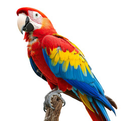 Naklejka premium Vibrant scarlet macaw perched on branch, showcasing bright red, yellow, and blue feathers. This stunning bird exudes beauty and grace in its natural pose