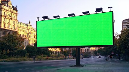 Large green screen billboard in historic cityscape, urban outdoor advertising with blank digital display, customizable marketing signage on European street