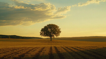 A silhouette of a lone tree in an open field, backlit by a dramatic sunset, casting long shadows over freshly tilled soil