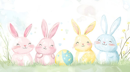 Obraz premium Hand-drawn Easter bunnies in pastel colors, perfect for spring-themed projects.
