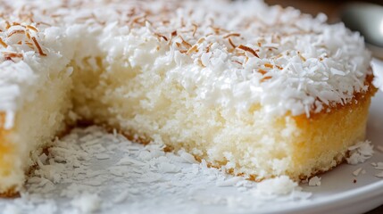 Close-Up of a Delicious Coconut Cake with Fresh Coconut Flakes on Top