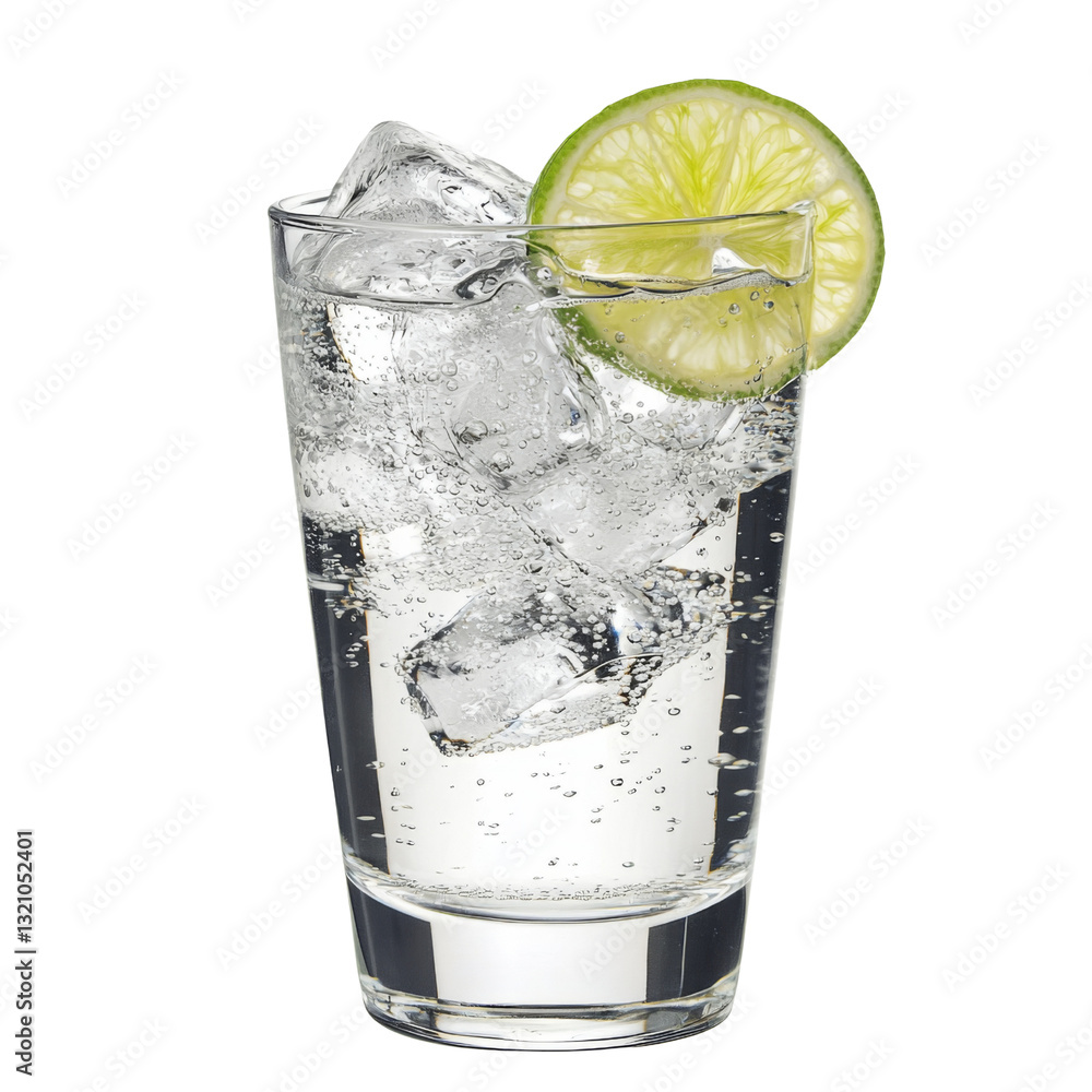 Poster Refreshing glass of sparkling water with ice and lime slice