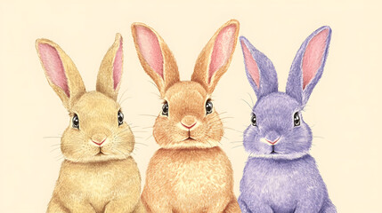 Obraz premium Hand-drawn Easter bunnies in pastel hues with detailed textures for greeting card designs.