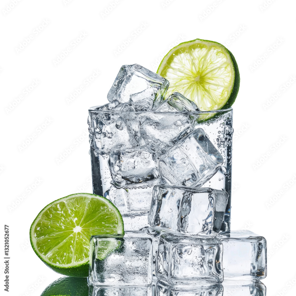 Poster Refreshing glass of ice cubes with lime slices, perfect for summer drinks. Enjoy coolness and zest of lime in chilled beverage