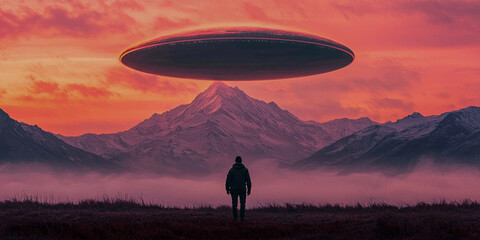 Fototapeta premium A lone figure stands beneath a hovering UFO against a stunning sunset, with mountains shrouded in mist, creating a sense of wonder and intrigue.