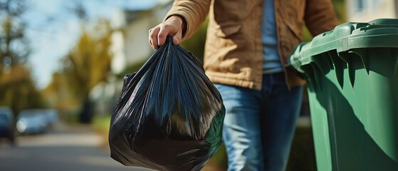 An eco-friendly recyclable black trash bag is thrown into a large green plastic rubbish can by a man.