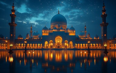 Fototapeta premium Majestic Illuminated Mosque at Dusk with Reflective Pool