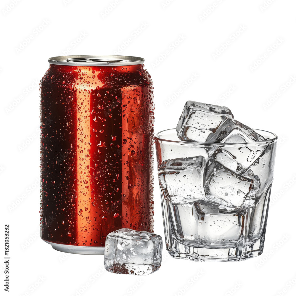 Aufkleber cold beverage can with condensation next to glass filled with ice cubes, creating refreshing scene