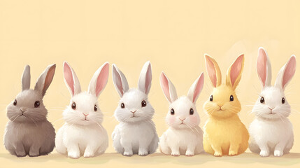 Fototapeta premium Hand-drawn pastel Easter bunnies with happy expressions, perfect for holiday illustrations.