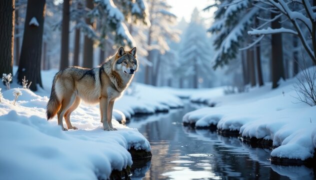 Snowy forest landscape with a timber wolf standing on a frozen stream, its fur fluffed against the cold, forest, animal
