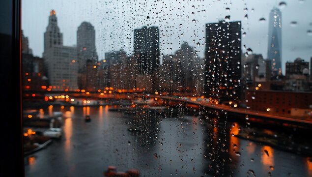Fototapeta Rainy city view through a window.  Urban cityscape seen through a window covered in raindrops.  City lights reflect on water
