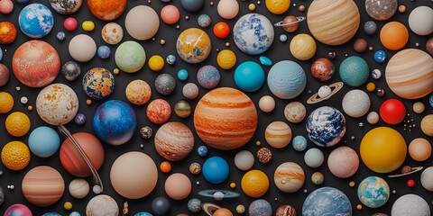 A vibrant collection of planets in various colors and sizes, showcasing the diversity of celestial bodies in our solar system.