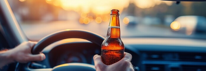 Hands of an intoxicated driver holding a beer bottle close up on the steering wheel