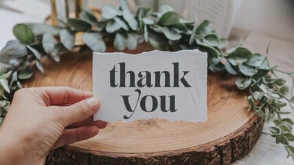 A heartfelt thank you note, displayed on a rustic wooden slice, surrounded by eucalyptus greenery.  Expressing gratitude with simplicity and elegance.